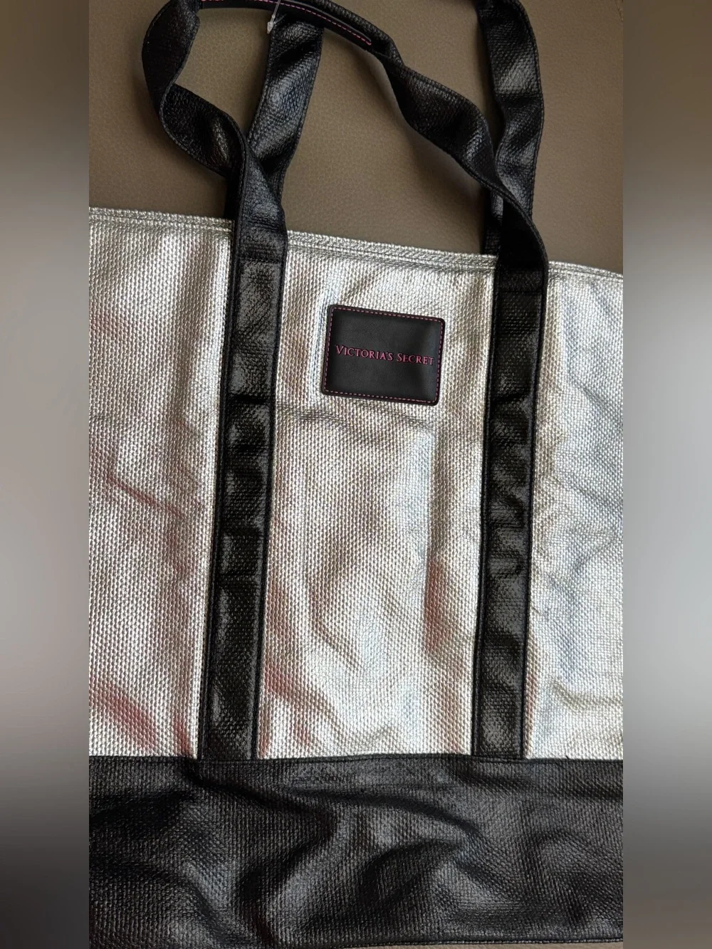 Victoria's Secret Silver Metallic Duffel with Black Trim